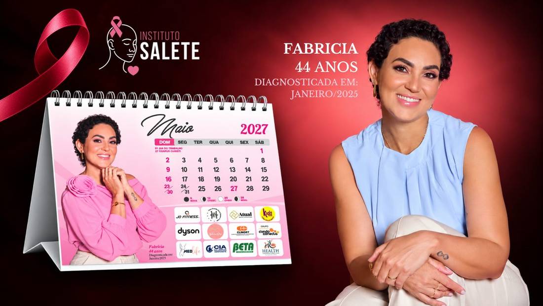 Slide do Calendário Instituto Salete 2027 — mês de Maio, com Fabricia