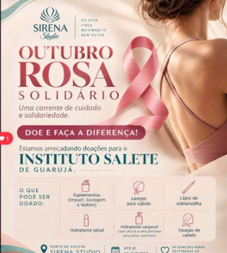 Arte do Outubro Rosa Solidário com ponto de coleta de doações para o Instituto Salete