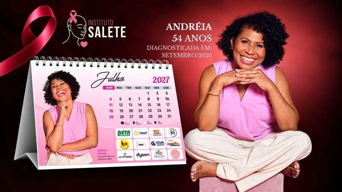 Slide do Calendário Instituto Salete 2027 — mês de Julho, com Andréia