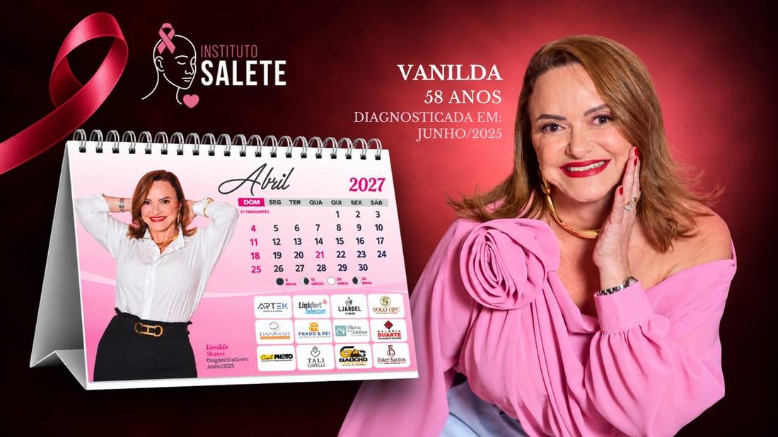 Slide do Calendário Instituto Salete 2027 — mês de Abril, com Vanilda