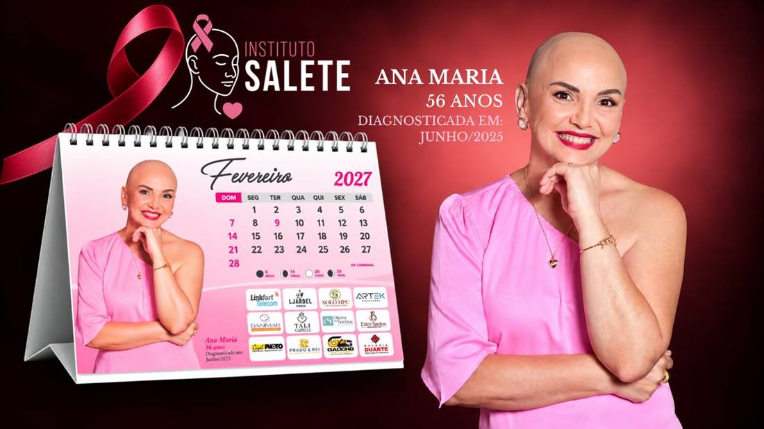 Slide do Calendário Instituto Salete 2027 — mês de Fevereiro, com Ana Maria