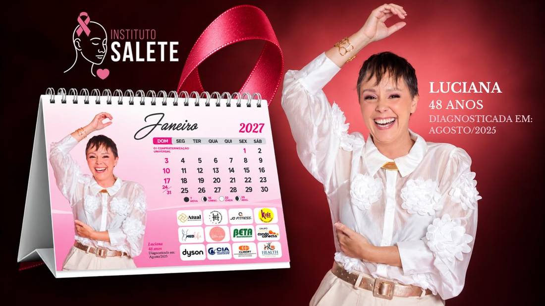 Slide do Calendário Instituto Salete 2027 — mês de Janeiro, com Luciana