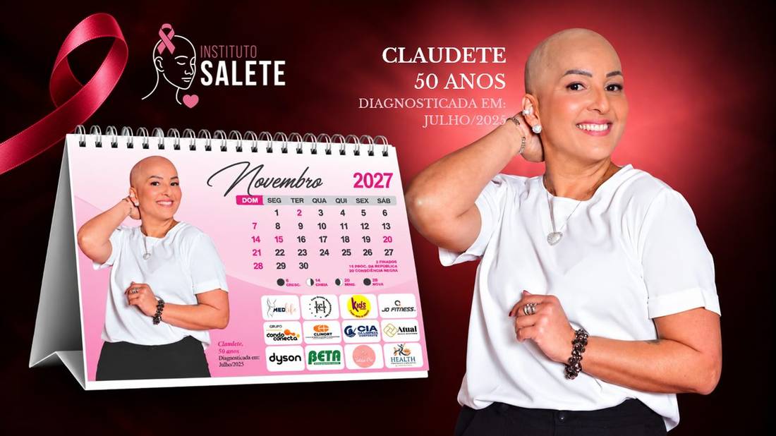 Slide do Calendário Instituto Salete 2027 — mês de Novembro, com Claudete