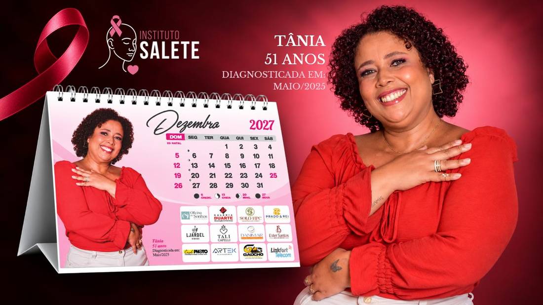 Slide do Calendário Instituto Salete 2027 — mês de Dezembro, com Tânia