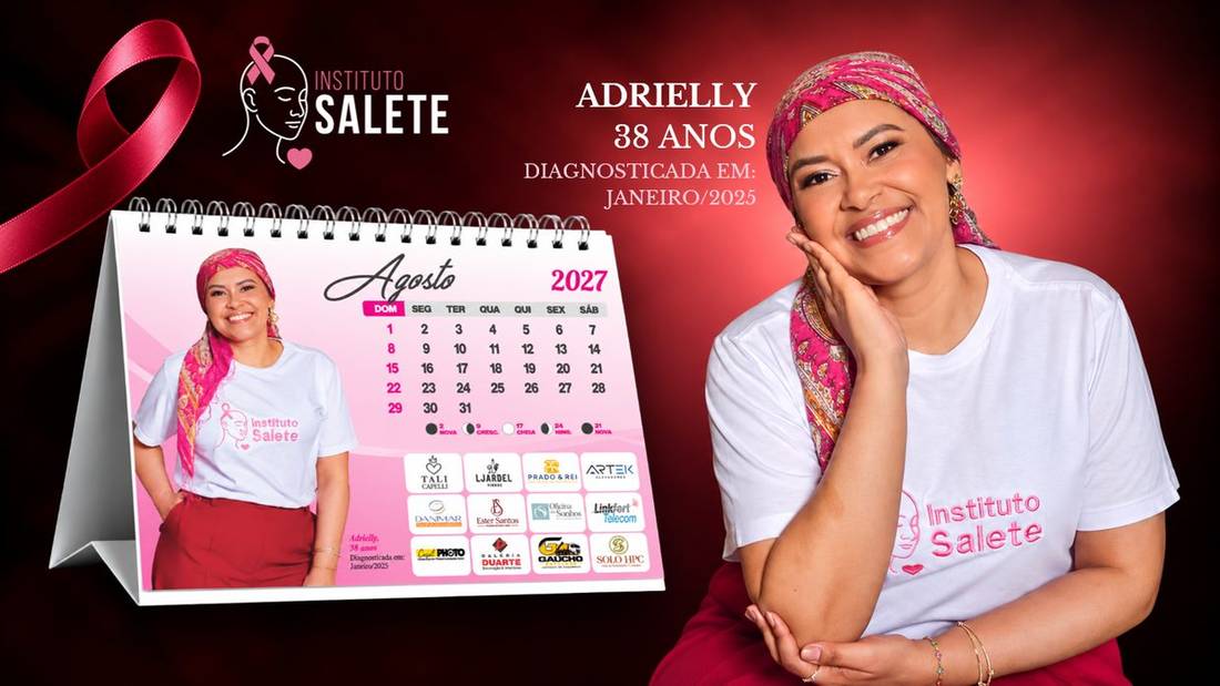 Slide do Calendário Instituto Salete 2027 — mês de Agosto, com Adrielly